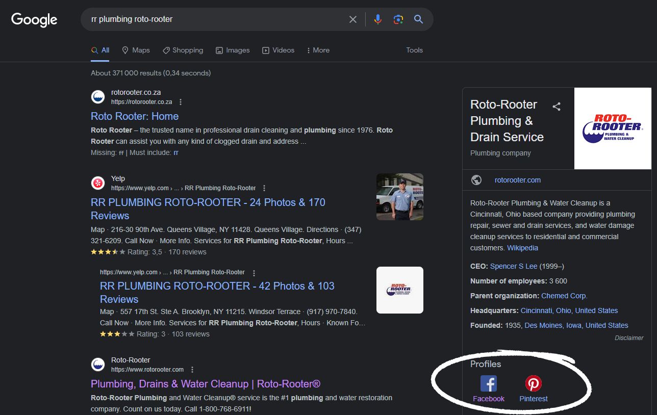 roto rooter social media links in google business
